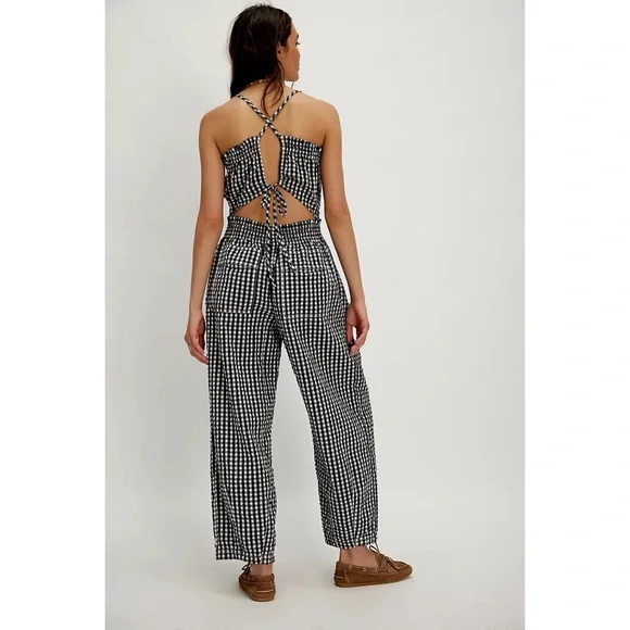 NWT Free People Retro Heatwave Gingham One-Piece Jumpsuit Black and White Boho - Picture 3 of 15